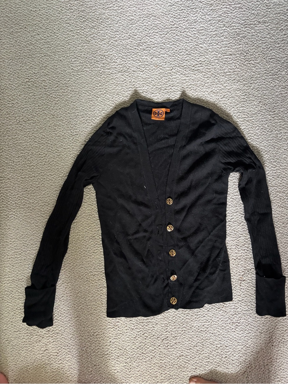 Tory Burch wool Black V-Neck Logo Button Ribbed Cardigan